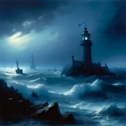 A bluish dark gray chaotic stronghold made out of iron painted by Ivan Aivazovsky