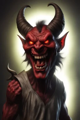 A realistic ghoulish laughing devil with glowing eyes and horns, leaning forward at an angle as if over someone's shoulder, facing right, holding a large sign that says "SOLD" in clear letters. No humans, no extra subjects, cinematic horror lighting.