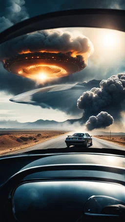 The image shows a photograph with a science fiction theme. Reflected in a side-view mirror, we see a car with passengers, driving on a desolate road. In the background, a large UFO hovers in the sky while multiple explosions erupt in the distance, sending up clouds of smoke and fire. The mirror's border frames this chaotic scene, juxtaposing a calm, seemingly oblivious drive with the dramatic events unfolding behind.