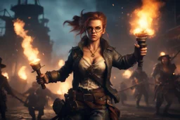 master oil painting, bad ass girl teen age nerd swashbuckler pirates fighting with torches and cannons in the night screaming like crazy as the enemy is boarding, in the style of Fallout 4 , bokeh like f/0.8, tilt-shift lens 8k, high detail, smooth render, down-light, unreal engine, prize winning