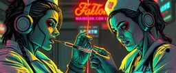 cyberpunk mega city fallout 4, airbrush and pen outline, A cinematic, high-end advertisement image for a fictional service called “Spice Girl Nurse Glam Fashion Party™”. Split-screen composition with two contrasting emotional states. Mutants getting injected.