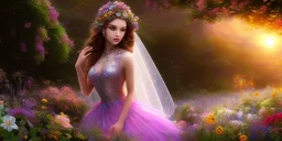 bright fairy, beautiful portrait, flowery landscape