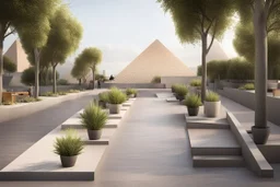 urban design tourist walkway with the pyramids , moder street seating , planters