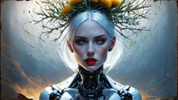 old worn paper, Ethereal bald white woman with thorns, thistles and plant roots on her head, cyberpunk biomechanics digital painting depicting a glowing woman with robotic features, combining human and artificial elements in a gripping sci-fi scene with intricate details and a cinematic atmosphere. Red lips, gold fragments, silver particles, wind, swirls, glare, glow from within, 8K, fine rendering, high detail, hyperrealism, high resolution, multi-layered, hyperdetail, hyperfocus,