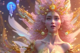 very beautiful crystal and gold goddess in a galactic ambiance, nice smiling, transparent petals, delicate colors, full of details, smooth, bright sunshine，soft light atmosphere, light effect，vaporwave colorful, concept art, smooth, extremely sharp detail, finely tuned detail, ultra high definition, 8 k, unreal engine 5, ultra sharp focus