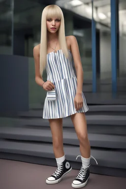 General Fast V2 (Flux), Create a realistic image of a female with long, straight blonde hair, the bangs cut straight across the forehead, hazel eyes, wearing a sleeveless, strapless, blue and white-striped nylon extremely short mini dress with a plunging neckline, knee high white socks and black converse tennis shoes, happy facial expression