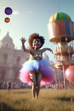 Ultra realistic circus scene. Sweet big hair monster flying. Child’s playing. one strong man, smile. happy, color bubbles, smooth color, waist up view, Wes Anderson style, a lot of people background, highly detailed, concept art, unreal engine 5, god rays, ray tracing, RTX, lumen lighting, ultra detail, volumetric lighting, 3d, finely drawn, high definition, high resolution.