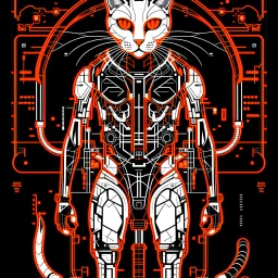 Ilustración cómic lineal de cat cyberpunk color blanco anaranjado y negro full body