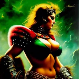 portrait oil on canvas, beautiful punk busty female Barbarian Warrior,green eyes, ,minimal armor,comic book cover, mystical colors,insanely detailed,realistic,intrincate detail, 16k resolution, masterpiece,Frank Frazetta,Alex Horley, Simon Bisley