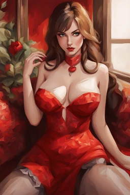 A stunning, seductive woman in a fiery red dress, casting a shy glance over her shoulder. cartoon style, cubism style