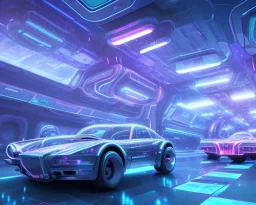 futuristic city landscape, flying cars, robots, blue and purple neon