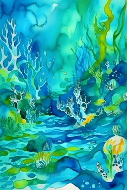 Watercolor, abstract, impressionist, not much detail patterns: Dive into the dreamlike world of underwater caves, where abstract forms of blues and greens create a sense of mystery and exploration on the coloring page.
