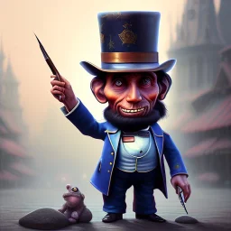 pixar style, volumetric town square environment and background, realistic painting of a cute midget abraham lincoln with stovepipe hat, looking excited, volumetric lighting, dramatic lighting, detailed digital painting, anime, ornate, colour-washed colors, elegant, small minutiae, tiny features, particulars, centered, smooth, sharp focus, renderman gofur render, 8k, uhd, detailed eyes