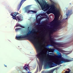 face, insects nest, 3D, leaning pose, watercolor illustration by <agnes cecile> <Yoji Shinkawa>,