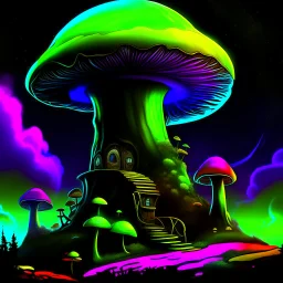 A fantabulous black, lime, and cyan (((mushroom tower house))) erected atop a (geologic pillar), surrounded by the uncanny imaginative ((( swirling skies))), offset by the stark hues of a (neon-tinged nebulous space scape), within. captured by the hand a skilled master painter with a focus on (softly blurred compositions and voluminous lighting).