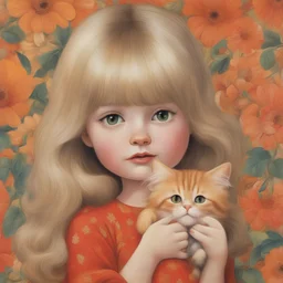 1970s, blond Little girl in red, long hair parted in the middle, hugging an orange cat, singing in the style of Margaret Keane, huge brown eyes, flowered wallpaper,