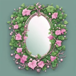 Create an Artwork of a Mirror with ivy branches and pearls necklace, Like a creative Logo for a Varasity Jacket to put a random number uin it, Vector illustration. Colors should be pink and green