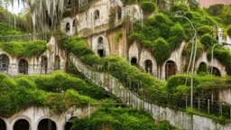 Gigantic mushroom village with balconies, archways, stairs, bridges, bushes, spanish moss, ivy, river, a winding pathway through the middle, in a valley