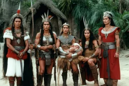 [photo from the TV series Sandokan (1976)] Barbarian Diplomacy for a birth led by three viking women in armour, with no inhibitions. Frida Kahlo with a baby is between them.