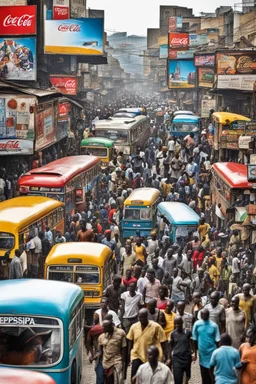 African busy street with a bus and people an abstract colourful crowds, old shops,Coca Cola and Pepsi billboards