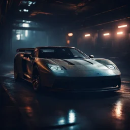 Shi Fi ford gt convertible atmospheric lighting effects, intricate industrial details, moody atmosphere, eerie grimdark ambiance, complex motherboard accents, speculative fiction art. Bokeh