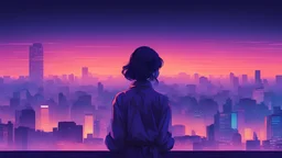 woman overlooking the city at night, vaporwave, cityscape, nightscape, blue-purple color scheme, orange hues