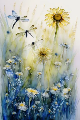 Dandelions, Water Hemlock, wild flowers and dragonflies stunning watercolor art by susan Winget, painted, in gold, blue and white tones with a sunflower --v 7 In style of Marjolien Bastin.