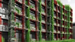 Edificio experimental de verticalidad fragmentada donde bloques prismáticos se superponen de manera rizomática, creando vacíos estructurales y patios verticales ocultos. La materialidad combina paneles metálicos corrugados, hormigón envejecido y acentos de cerámica roja y verde estructural que interrumpen la grilla racional. La fachada saturada de aberturas sugiere circulaciones laberínticas internas, con vegetación incrustada como injerto en terrazas intermedias. Composición acumulativa con alt