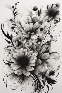 A large drawing with brushstrokes and very defined details of abstract floral design black ink on white background