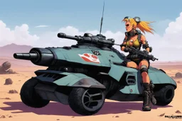 Tank Girl driving a NG-R33 Viper Ride Armored pilot atop of the NG-488 Cobra Turbo Hovercycle resting out on the outskirts of RIFTS Earth [as Featured in RIFTS Northern Gun 2 published by Palladiumbooks,]