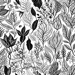 pattern of leaves and plants simple design black on white background vector thin beautiful graceful lines