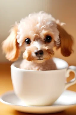 Una imagen con fondo desenfocado de perrito de raza caniche toy de color albaricoque con rizos suaves sentado dentro de una taza de té de porcelana blanca, con una expresión tierna y ojos grandes y brillantes.