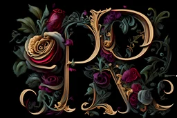 CALLIGRAPHY ART PAINT LETTER a letter r and letter u ITALIC STYLE, contiguos letters, baroque and flowers and skull all around and dark