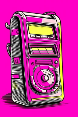 A bright pink, handheld cassette player with a rewind button held down captures a fleeting glimpse of a loved one on the tiny screen. Style: 80s Nostalgia, Mood: Sentimental, Lighting: Warm, yellowed light from a streetlamp, T-shirt design graphic, vector, contour, white background.