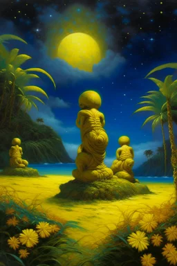A yellow otherworldly dreamlike galaxy designed in Hawaiian tiki statues painted by Birge Harrison