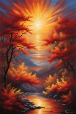 In hues of gold and crimson blaze, A masterpiece of skies ablaze, The sun's embrace, a tender kiss, On canvas, lives forever bliss. Vibrant strokes, alive with grace, Oil-painted dreams, a sacred space, As nature's lyric, love's duet, A beautiful sunset, we shall not forget.