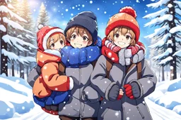 cute detalied anime from a boy and a girl dressed warmly in coats and hats, enjoying a day out in the snow together. The boy is carrying the little girl on his back, They are both smiling and embracing the cold weather, showcasing a strong connection between the two, winter scene, detalied, high 3d anime, aesthetic design, snowy landscape, beautiful shot, stunning, cinematic