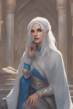 Dnd character on her knees. A female Aaismar twilight cleric with white hair and blue eyes, wearing gray robes. Etreal, beautiful, sexy