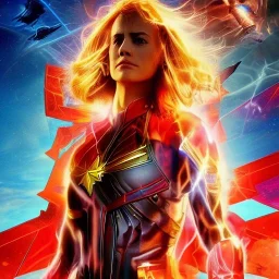 Captain Marvel,flying in the sky, hair on fire, realistic, vibrant colors, Kate beckinsale's face, long hair, gold angel wings, full body, in space, muscular, hyperrealistic