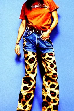 year 1996 denim fashion. Loose fit, low waist, baggy. Combat pants and t-shirt. Colors: denim blue, blue, purple, khaki, light green, lilac, plum, orange, terracotta, red, pink, dark blue, beige. Patterns: cheetah, balls, stripes. Women models. Sharon Stone, Sandra Bullock, Winona Ryder, Milla Jovovich, Big tennis shoes on. Latex in small part, areas, clothes..Combat pants. Leg warmers.