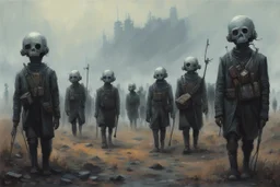 marching machine soldiers, creepy landscape, techno gothic visual composition, science fiction painting, Denis Sarazhin, Quint Buchholz, Simon Stålenhag, Neil Blomkamp, Christopher Shy, Alejandro Burdisio, RAW, gritty high contrast, atmospheric horror, unsettling art, dark palette, harsh colour