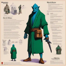 monster concept sheet with AD&D statistics and characteristics [art by David Hockney] Gangster-turned-Monk
