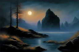 night, rocks, mist 2000's sci fi movies influence, lake, very easy landscape, otto pippel impressionism paintings