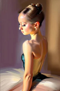 close up realistic portrait of a ballerina, stretching next to a mirror, in impasto style, thick strokes of oil paint, realistic thick textures