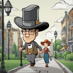 Cartoon of man with a serious hat walking miranda in front 4k