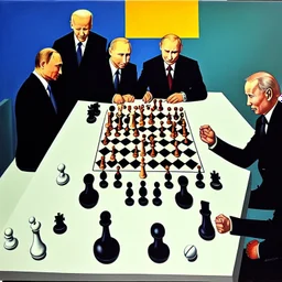 Putin, President Xi Of China And Joe Biden Play Chess With A Pigeon,Ufo And Atomic Bomb Mushroom Cloud,Complex Surgical Instruments Intermixed With A Newborn Boy,Minimalism,Painting By Adrian Ghenie,Rene Magritte,Pablo Picasso,Michelangelo,Salvador Dali,Lucian Freud