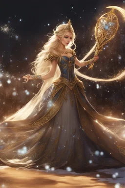 Elven princess,elven crown,long white blonde golden hair,rapunzel hair,ice flowers,beautiful,light blue,dark blue,golden armor,sparkle,glitter,ice flowers,snow,elven ears,dark fairy princess