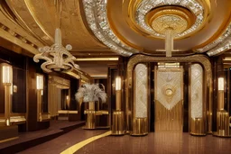 Inside an Art Deco Opera foyer, with mirrors and brass sconces, incandescent, gleaming, people in glittering extravagant costumes with feathers