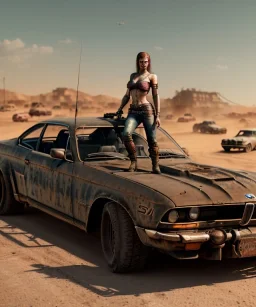 Realistic image. Portrait. Mad max car. Sweet pretty woman cyberpunk in the foreground. BMW 4 series. 4k resolution, intricate details, ornate details, soft lighting, vibrant colors, mad max background