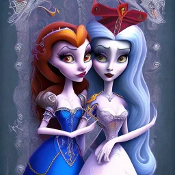 extrem tim burton style and disney style of the evil stepsisters, sharp focus, beautiful eyes